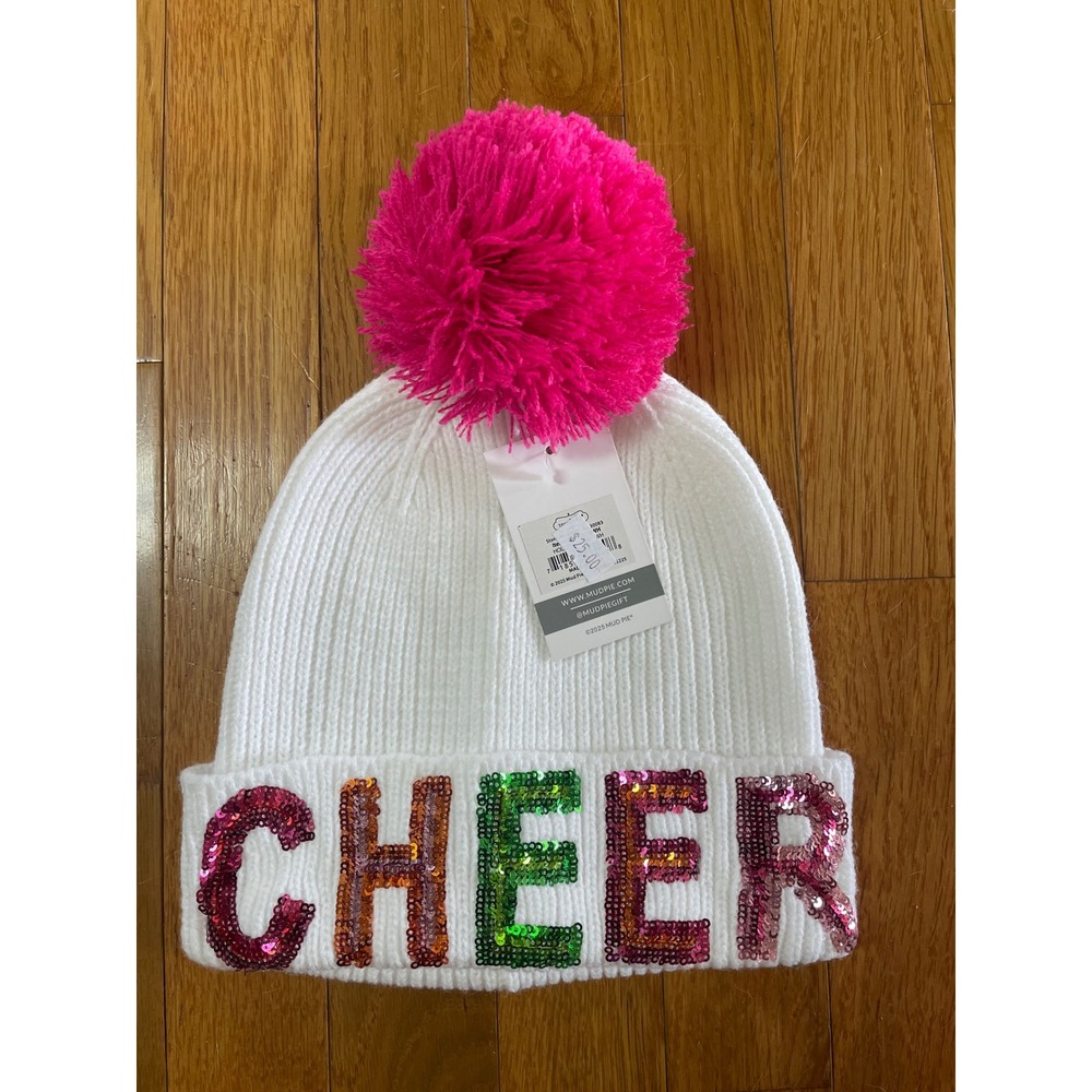 Mud Pie White Cheer Sequin Beanie Pink Pom Pom Ribbed Knit‎ Winter Hat NWT